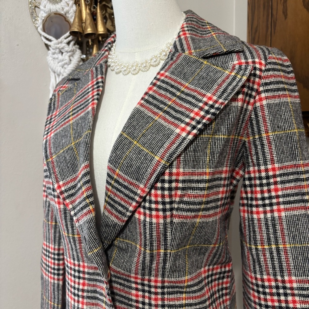 70s Vintage Wool Blazer Suit Jacket Size XS Handmade Checkered Plaid Red Black - Picture 2 of 11